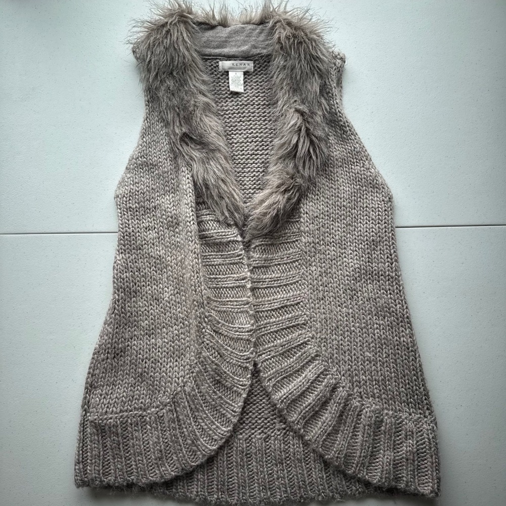 Vtg Y2K Alpaca Wool Blend KENAR Knit Vest with Faux Fur Trim Mob Wife Size S‎
